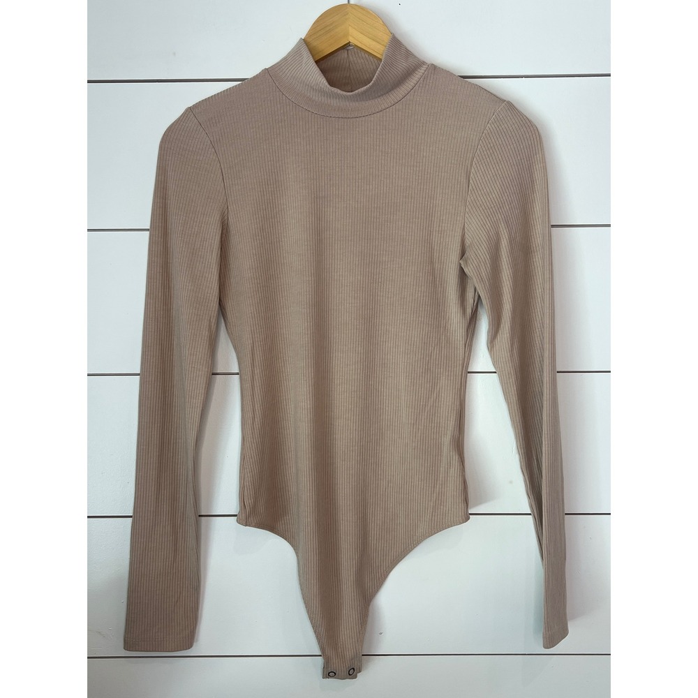 American Eagle Tan Ribbed Mock Neck Long Sleeve Bodysuit Medium minimalist